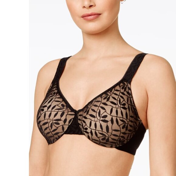 Olga Sheer Leaves Minimizer Bra, Black, 35519, Size 44D - Picture 1 of 8